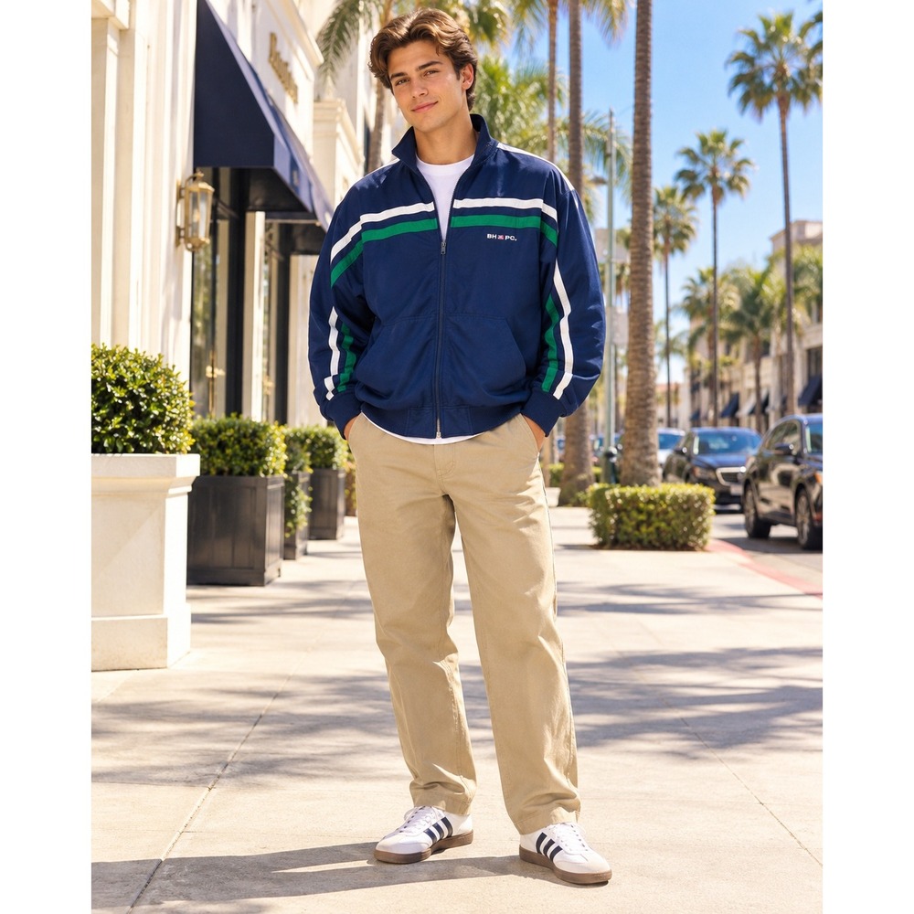 Beverly Hills Polo Club 90s Mens Navy Blue Striped Track Jacket XL